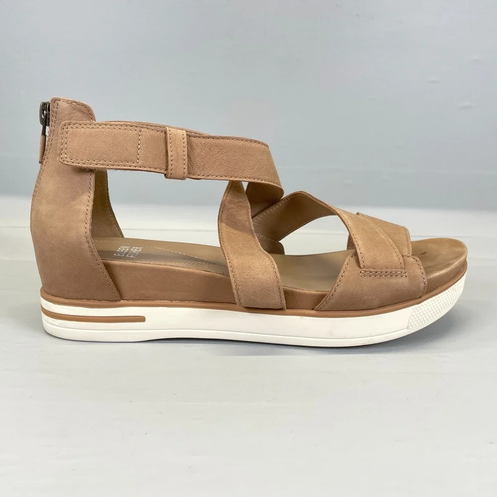 Eileen Fisher Wedge Sandals Womens Size 8 Brown Leather Strappy Back Zip Shoes